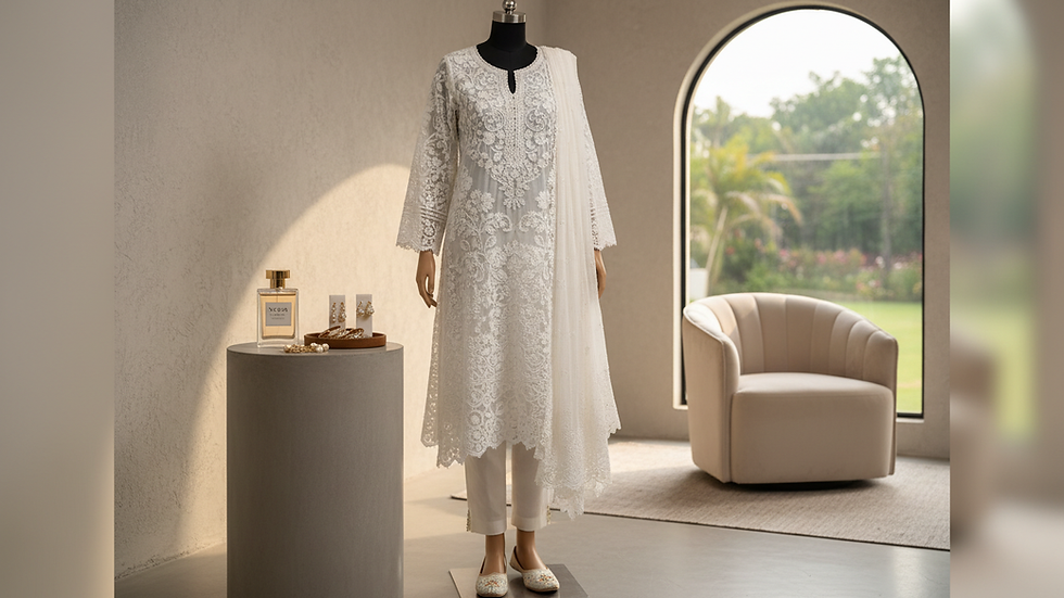 Eye-level view of a mannequin dressed in a white chikankari kurta with intricate embroidery