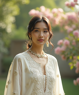 Portrait-photography-of-a-woman-wearing-an-intricate-white-Chikankari-suit-standing-in-sof