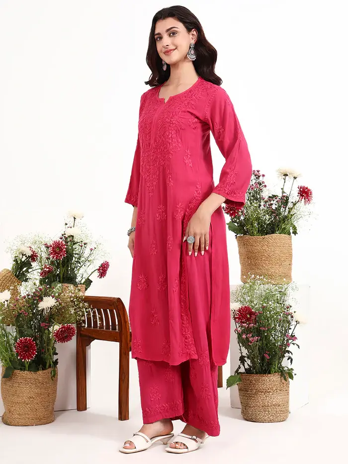 Pink chikankari kurti palazzo set for women by The Taj Global