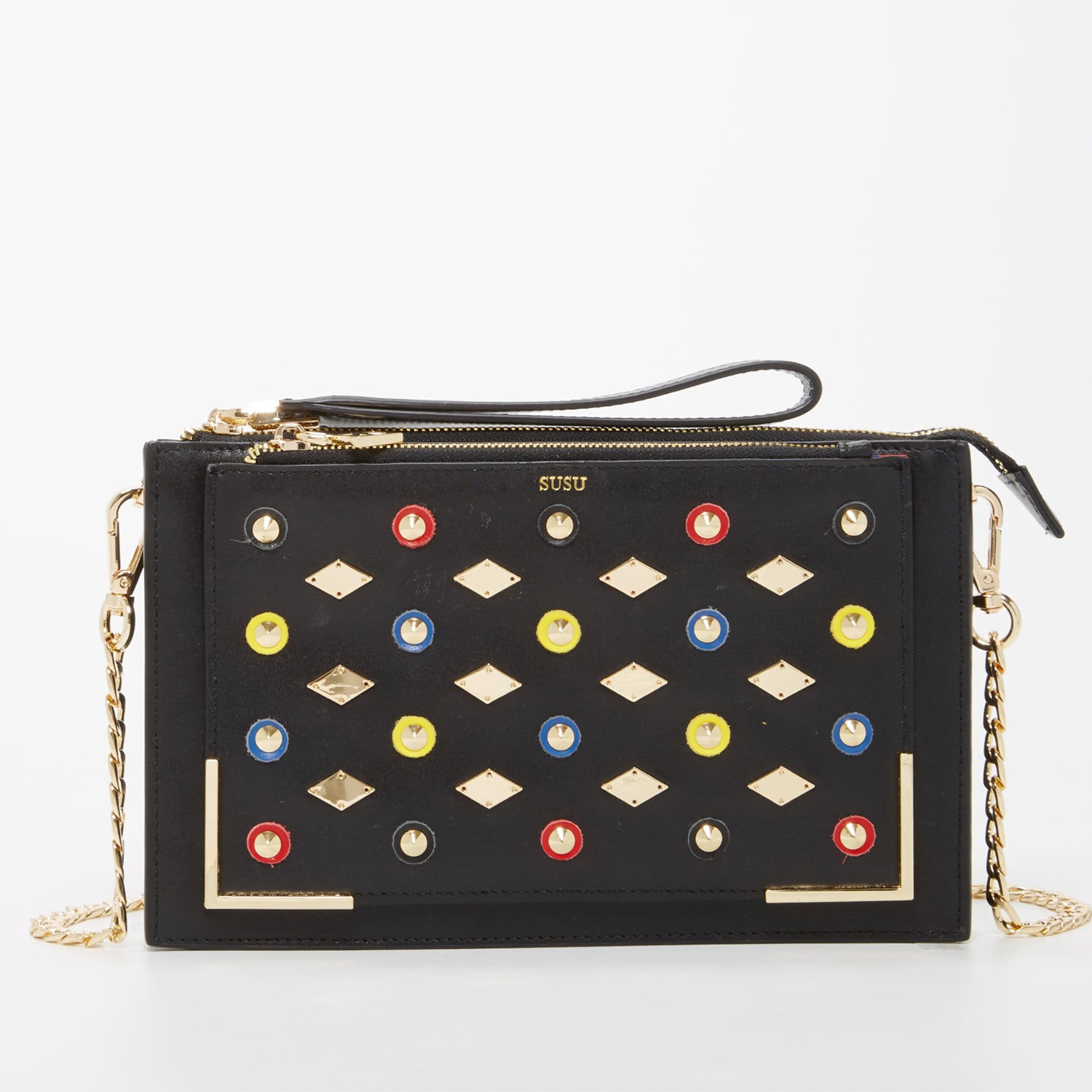 Black handbag with colorful gems and gold chain strap against a white background.