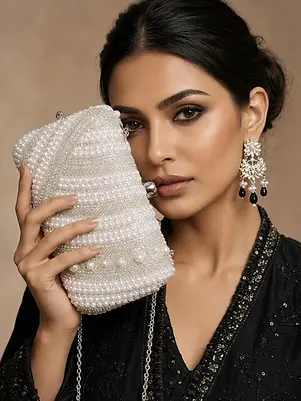 Woman in black chikankari fashion holding a white clutch