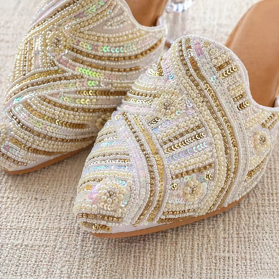 Golden ivory beadwork mule heels with intricate embroidery for women