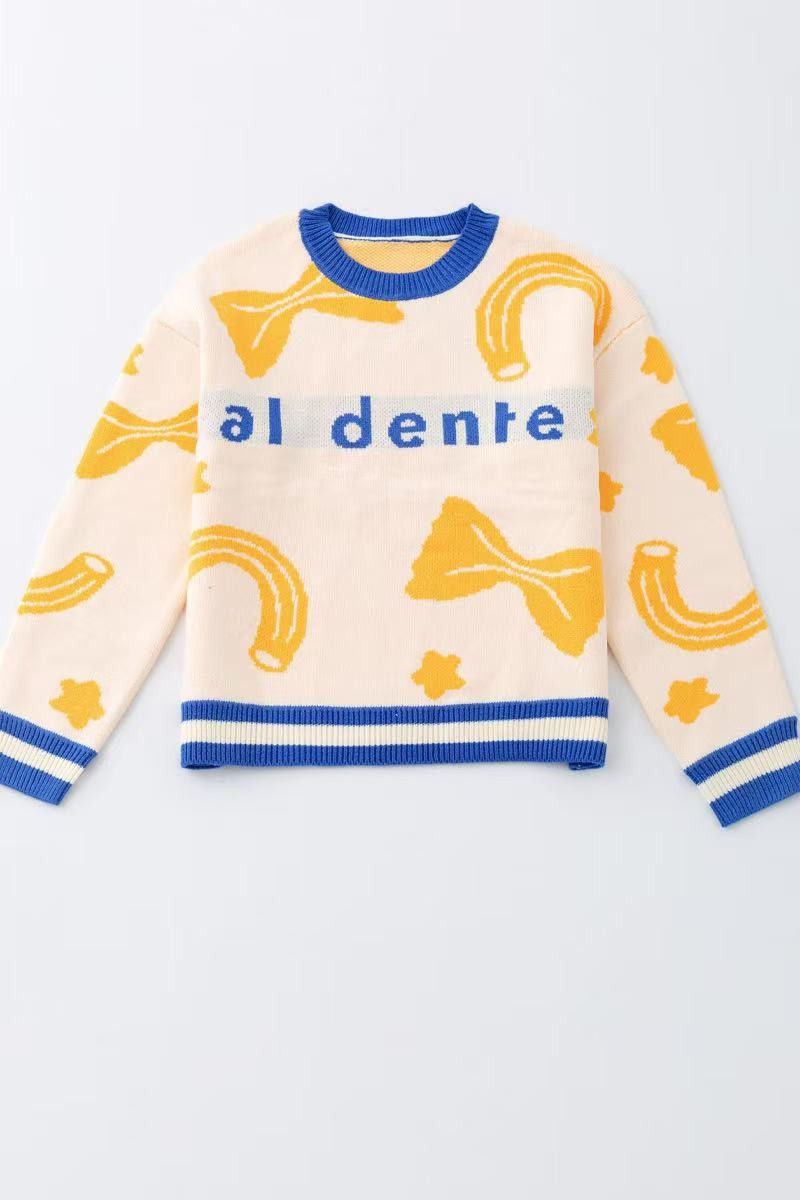 Al Dente Pasta Knit Sweater with yellow pasta shapes