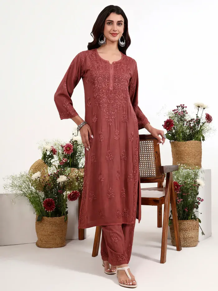 Qirat brown chikankari kurti set by The Taj Global
