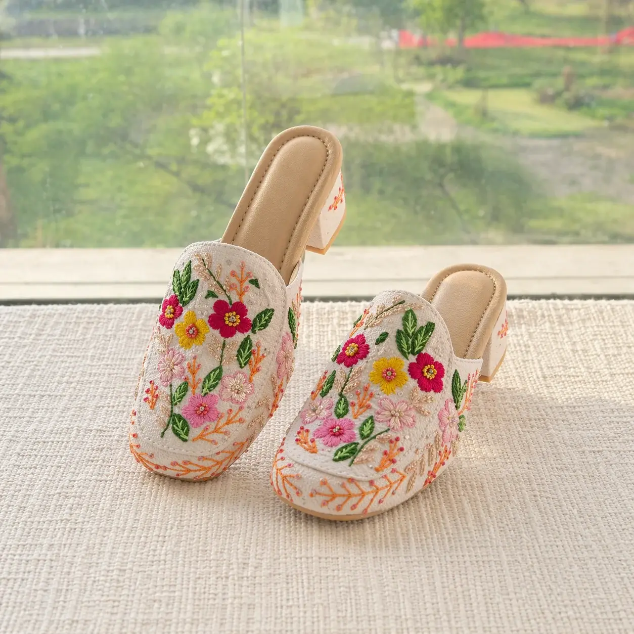 **Floral embroidered heel mules for women slip-on stylish heels**