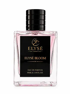 Elyse Bloom perfume bottle with pink liquid and black cap