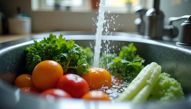 Eye-level view of a kitchen sink with fresh vegetables being washed