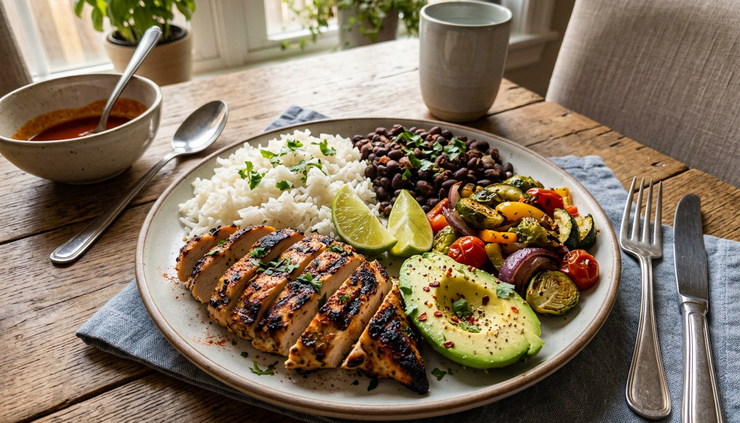Wide-angle view of a dinner plate with rice, beans, grilled chicken, vegetables, and avocado.