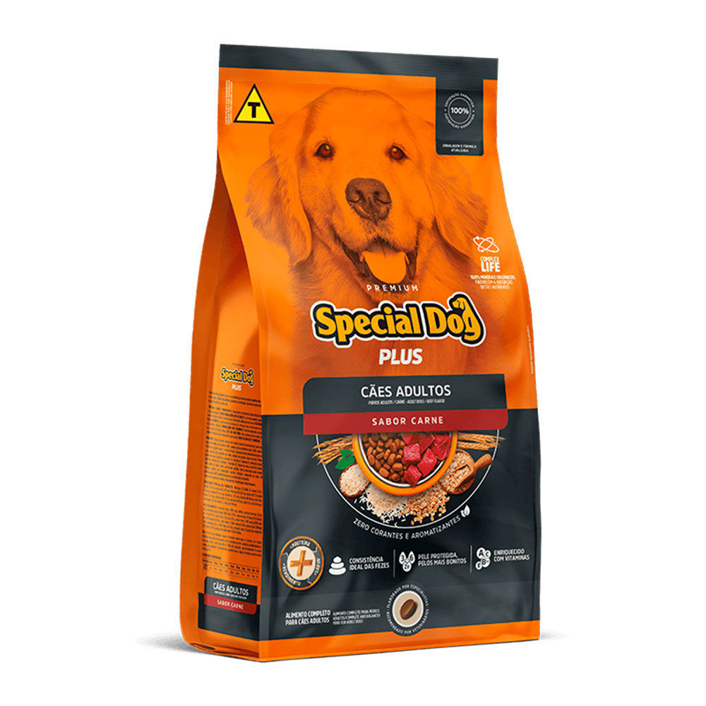 Ração Special Dog para cães adultos sabor carne plus, alimento completo para saúde e energia.