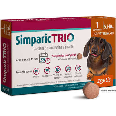 Simparic Trio 12mg para cães de 5,1 a 10kg, com 1 comprimido.