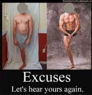 Photo of a disabled young man with a missing leg, on the left side he looks rather slim, on the right side he is very muscular. Under the photos is a text that says: "Excuses. Let's hear yours again!"