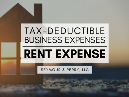'Tax-Deductible Business Expenses: Rent Expense | Seymour & Perry, LLC' overlays a sunset silhouette of a toy house on the beach.siness Expenses | Rent Expense | Seymour & Perry, LLC