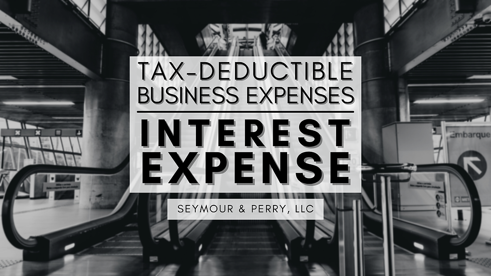 'Tax-Deductible Business Expenses: Interest Expense | Seymour & Perry, LLC' overlays a black-and-white wide shot of an ascending escalator.