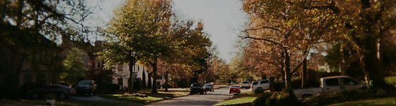 Homes, trees and cars in a peaceful suburban neighborhood