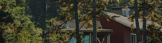 Red house nestled among tall trees in forest