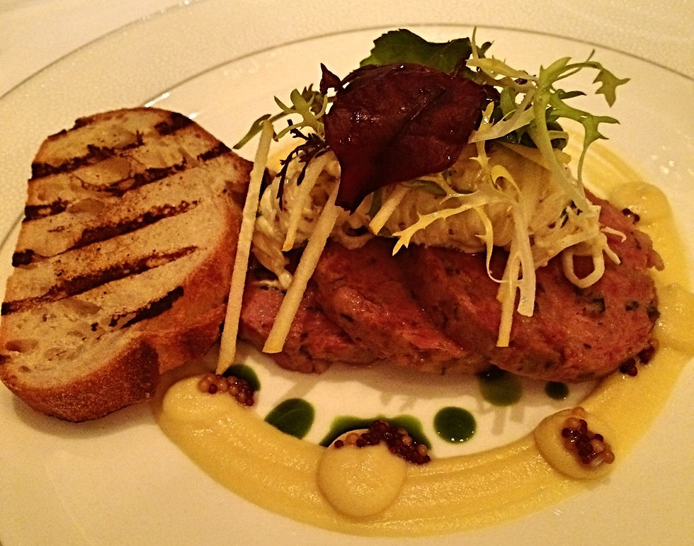 Denham estate venison ‘saucisson’, apple remoulade, purple mustard