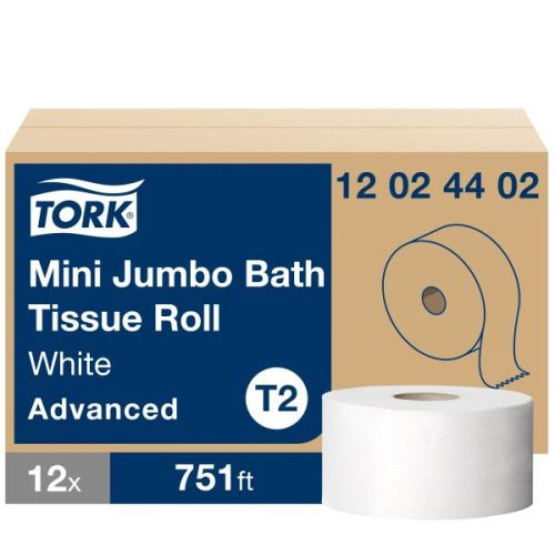 Tork Advanced Mini Jumbo Bath Tissue Roll, 2Ply, 7.36 Inch Diameter,