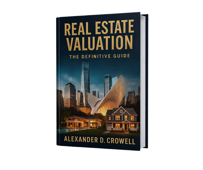 Mockup 3D of the book “Real Estate Valuation: The Definitive Guide”, featuring a modern city skyline and property appraisal t
