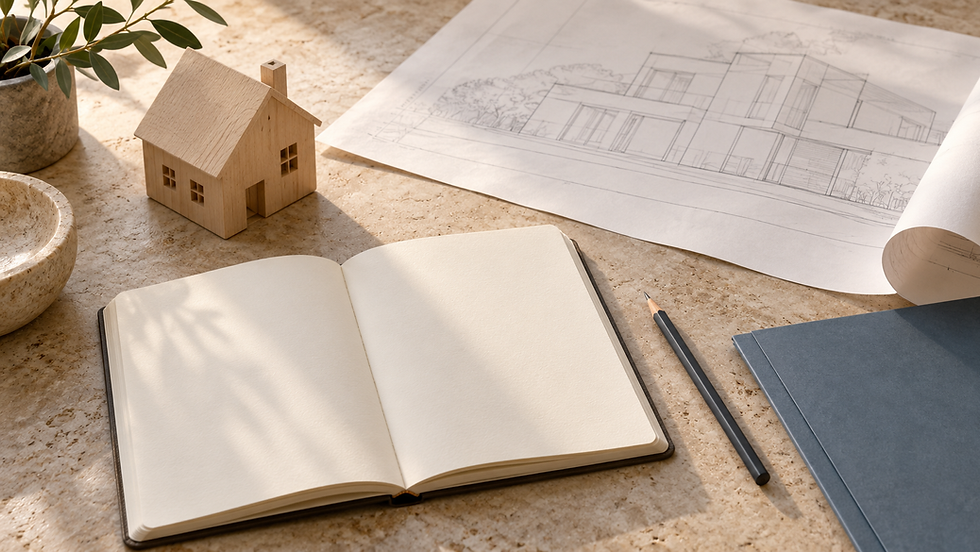 Blank notebook beside a timber house model and an unlabeled architectural drawing.