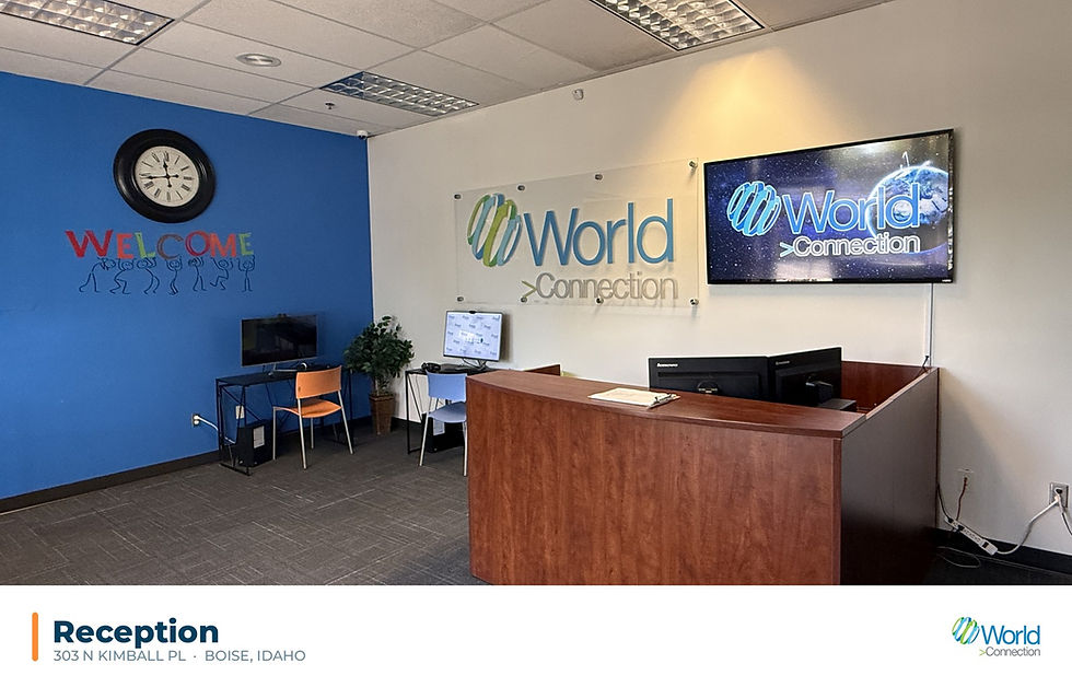 World Connection reception desk and welcome wall at the Boise, Idaho office.