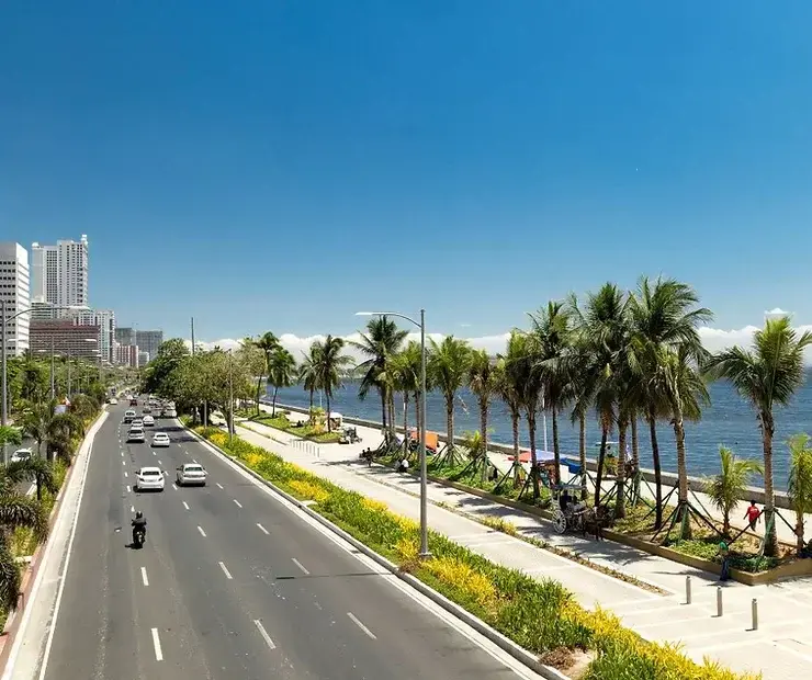 Looking a gray concrete road with a concrete bay walk line with coconut trees and the waters under clear blue skies.