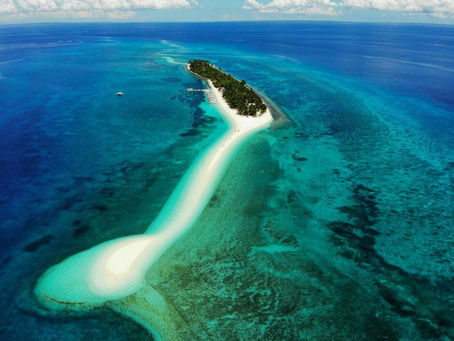 Aerial view of a Kalanggaman tropical island with lush green trees, surrounded by clear turquoise water and a long white sandbar, under a cloudy sky.