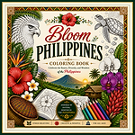 Colorful Bloom Philippines coloring book cover with eagle, sea turtle, hibiscus, volcano, pencils, and tropical scenery.