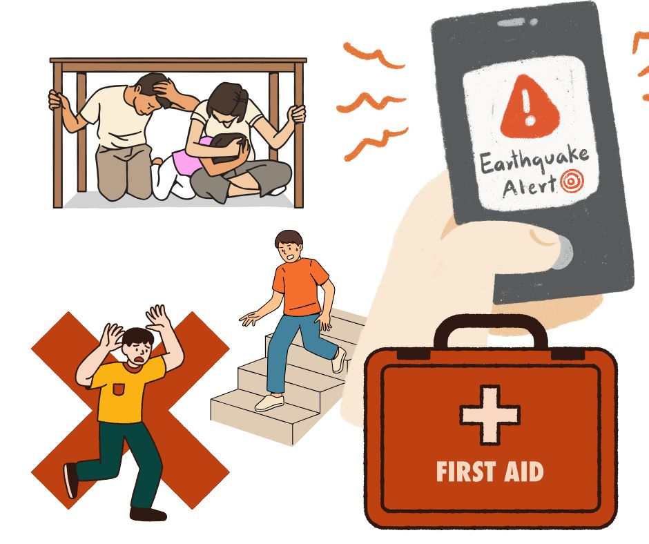 Earthquake safety scene with people sheltering under a table, a phone showing Earthquake Alert, and a first aid kit.