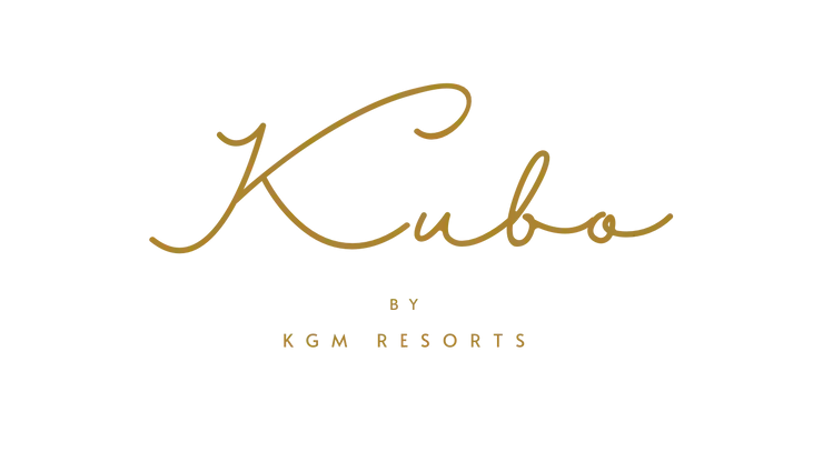 Cursive gold text on black background reads "Kubo" above "by KGM Resorts". Simple and elegant design.