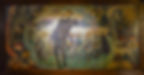 A colorful mural depicts a central figure in a suit amid various historical scenes with soldiers, a priest, and people in dramatic poses.