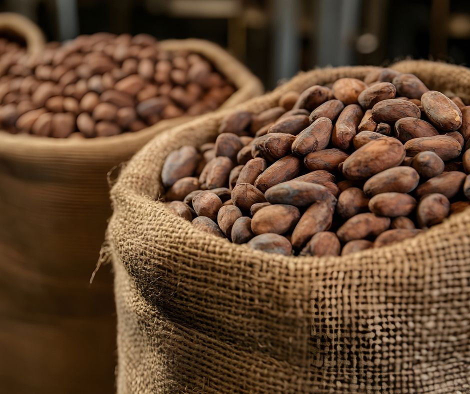 Burlap sacks filled with brown cocoa beans in a rustic setting. The focus is on texture and earthy colors, evoking a natural, organic mood.