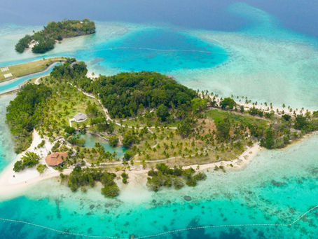 Samal Island, an aerial view of a tropical island with lush greenery, sandy beaches, turquoise waters, and small buildings. Peaceful and vibrant setting.
