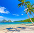 Sunny tropical beach with palm trees, clear blue water, small boats, and green islands under a bright sky