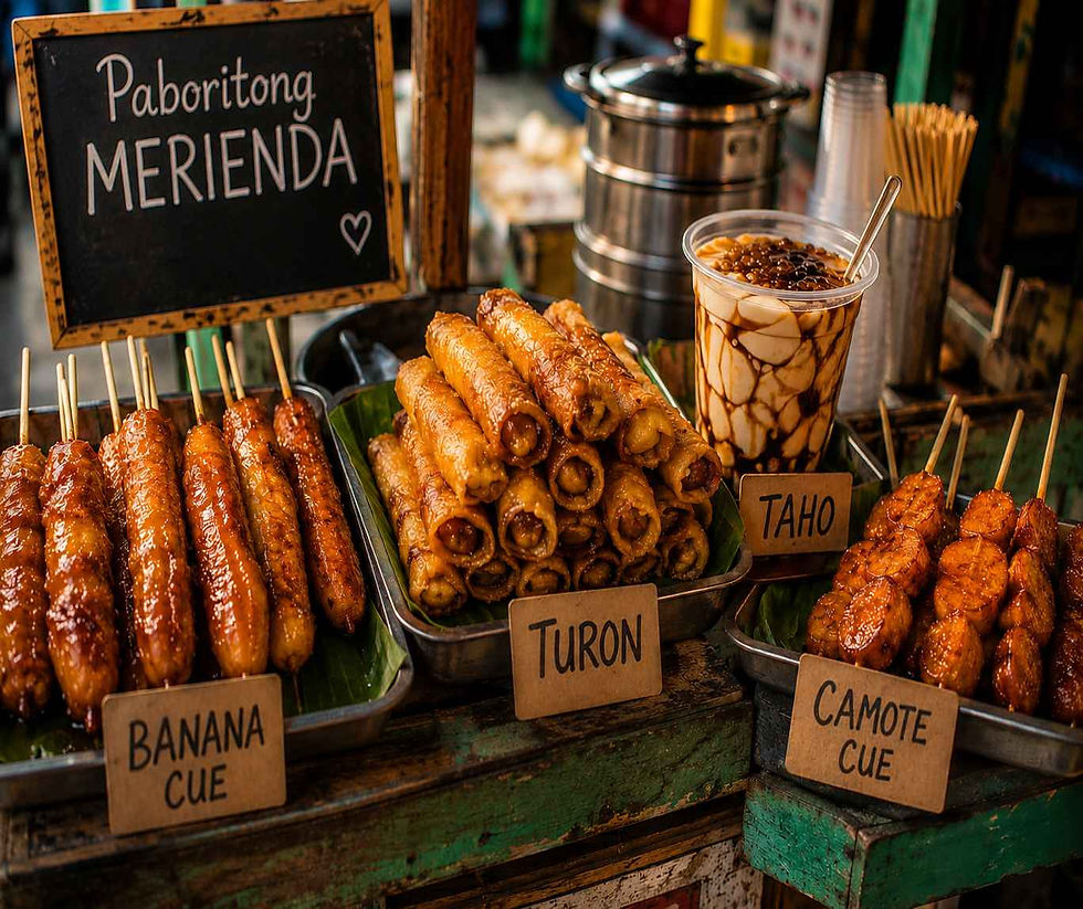 Philippine street food stall with banana cue, turon, camote cue, and taho; chalkboard reads Paboritong Merienda.