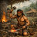 A muscular blacksmith in a red headband hammers a glowing blade outdoors. Flames rise behind him. Huts and palm trees in the background.
