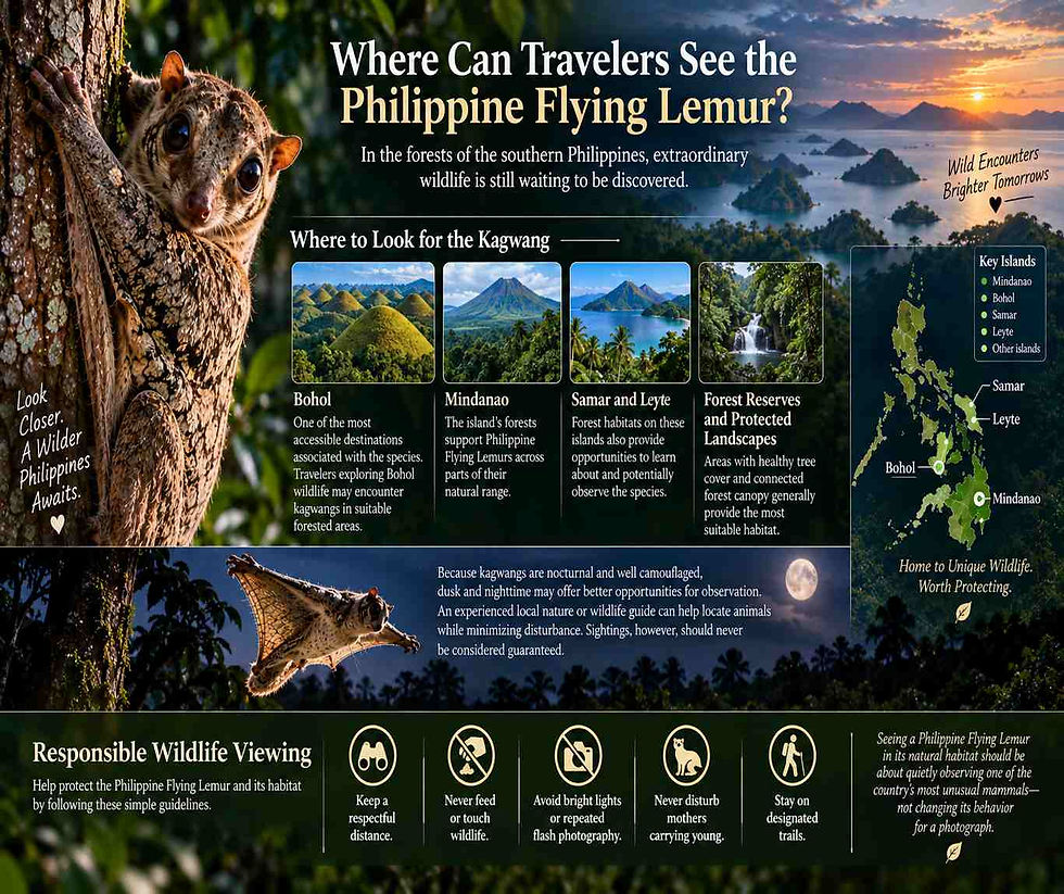 Infographic poster of a Philippine flying lemur in a tree, with island map, sunset scenes, and wildlife-viewing tips and text.