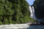 Waterfall cascading into a river surrounded by lush, green jungle. Bright sunlight highlights the vibrant foliage and rushing water. Tranquil scene.