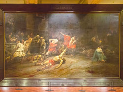 A dramatic painting features figures in ancient attire with one being dragged on the floor. Dark, intense colors create a somber mood.