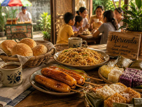 Merienda table with bread, noodles, skewers and rice cakes, while family chats in a sunny garden; sign reads Good food. Good company.