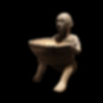 Wooded Bulul sculpture of a kneeling figure holding a large round bowl, set against a black background. The statue has a textured surface.