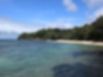 Tropical beach scene with lush greenery, turquoise water, and clear blue sky. A few people can be seen walking along the white sandy shore.