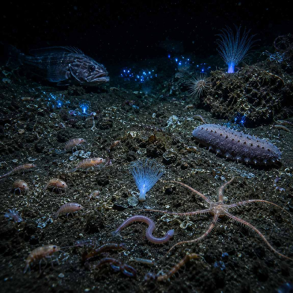 Deep-sea seafloor with a fish, sea worms and glowing blue bioluminescent creatures in a dark underwater scene.