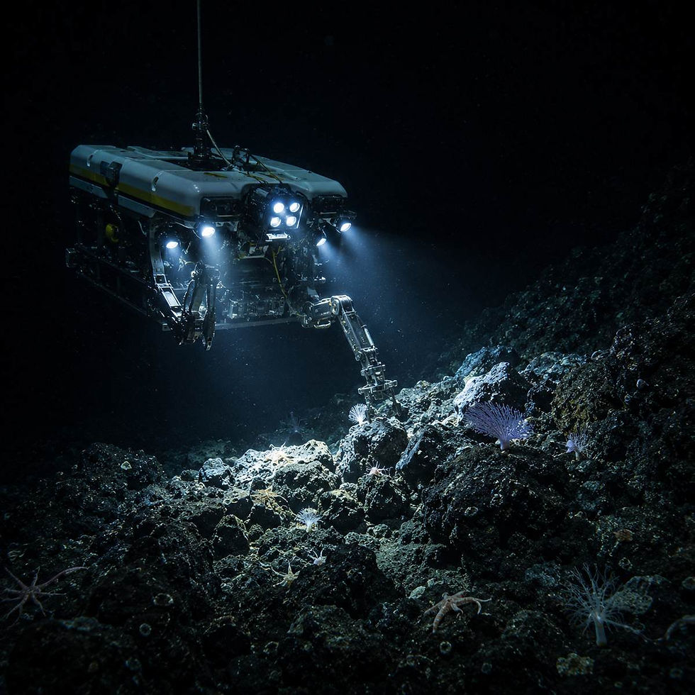 Underwater robot with bright lights inspects a rocky deep-sea floor dotted with small corals and sea anemones
