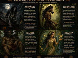 Illustration of Filipino mythical creatures: Aswang, Tikbalang, Kapre, and Diwata in a forest. Text describes each creature's symbolism.