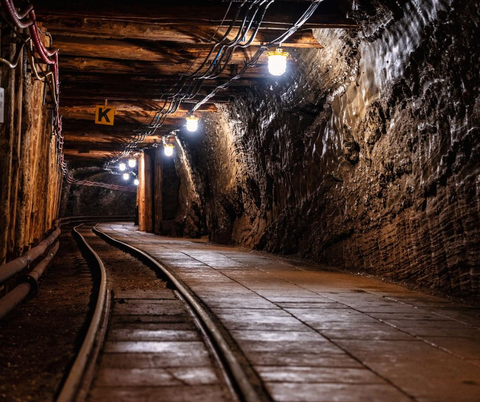 Dimly lit underground mining tunnel with tracks, exposed cables, and rough stone walls. A sign with "K" hangs from the wooden ceiling.