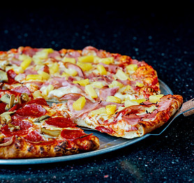 half pepperoni, half hawaiian pizza