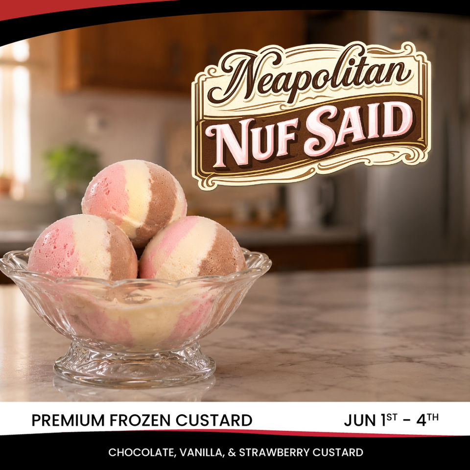 Neapolitan frozen custard featuring chocolate, strawberry, and vanilla custard flavors.