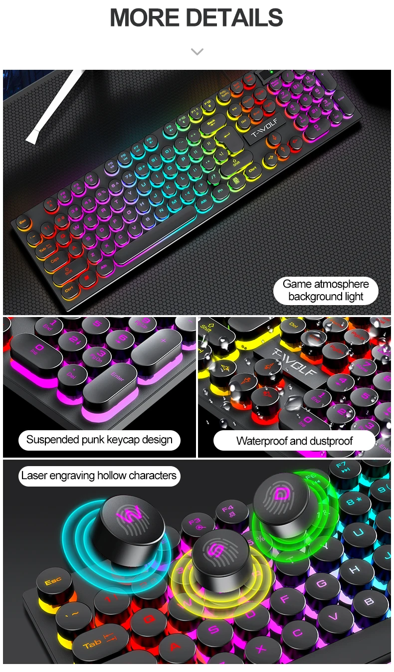 Miniatura: T80 Gaming Mechanical Feel Keyboard Wired 104 Keys Keyboard USB Retro Punk Game 