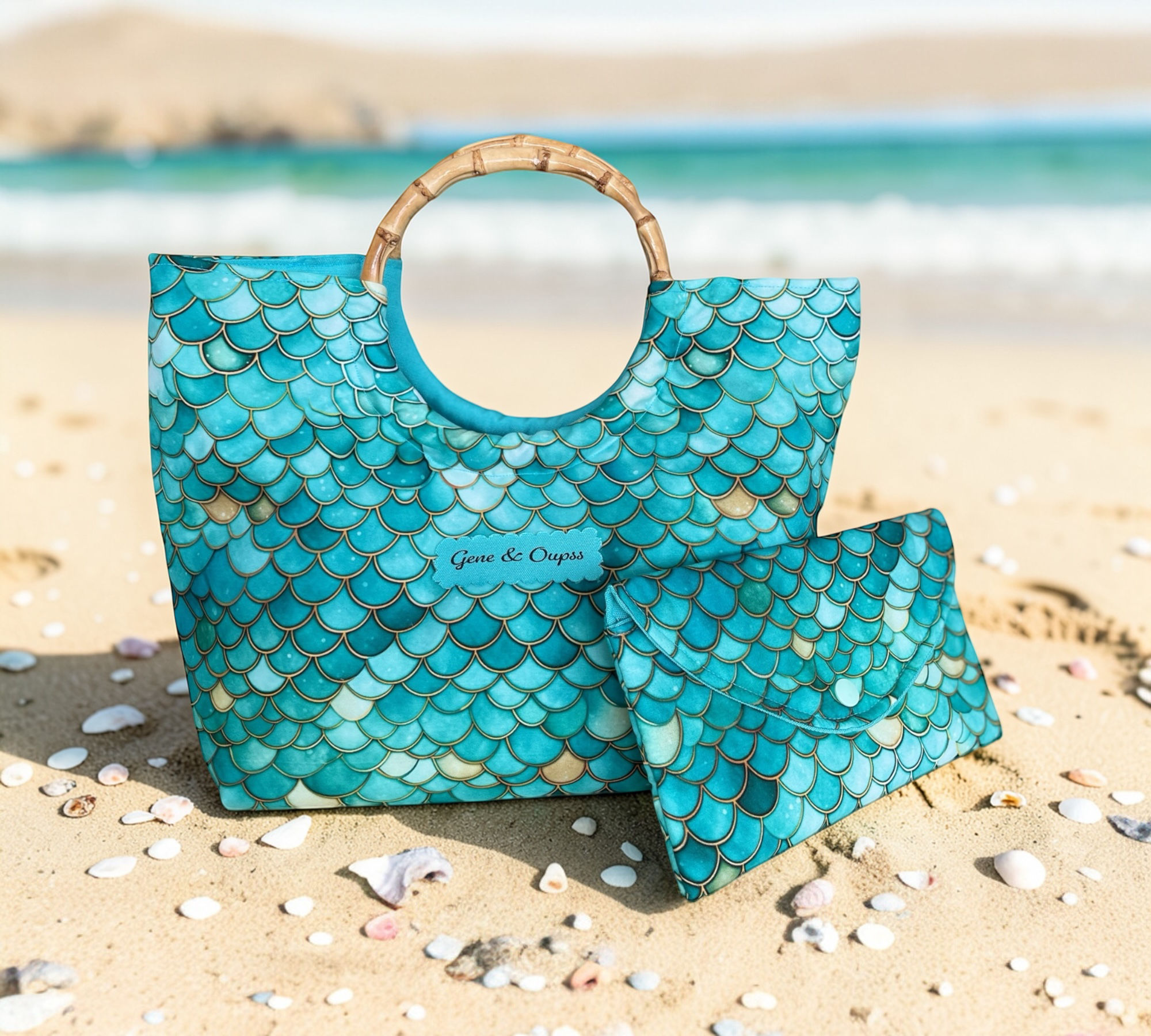 Cabas Mini tissu écailles bleu vert et sa pochette assortie et personnalisable.