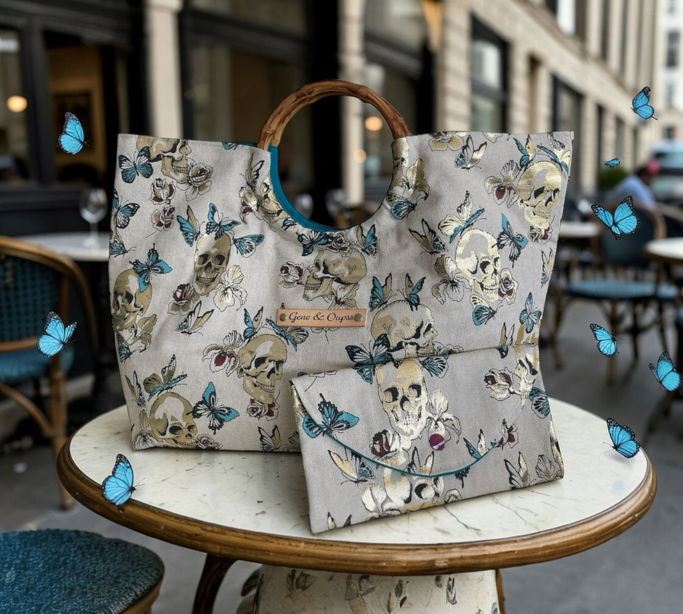 Miniature : Cabas Midi tissu papillons et têtes de mort et sa pochette assortie.